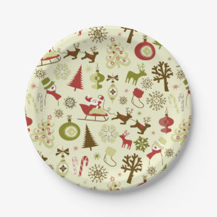 Retro Christmas Sketches Seamless Pattern Paper Plate