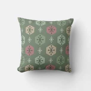 Retro Christmas Snowflakes Green Gold Cushion