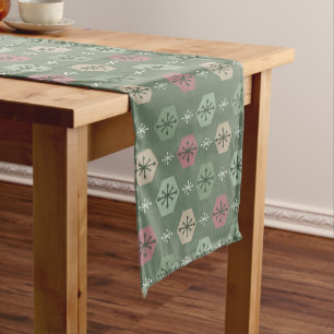 Retro Christmas Snowflakes Green Gold Short Table Runner