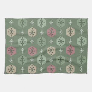 Retro Christmas Snowflakes Green Gold Tea Towel