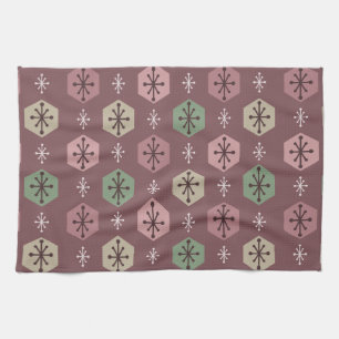Retro Christmas Snowflakes Red Gold Tea Towel