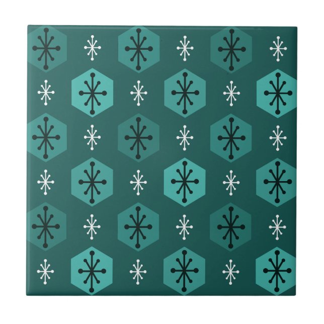 Retro Christmas Snowflakes Teal Ceramic Tile (Front)
