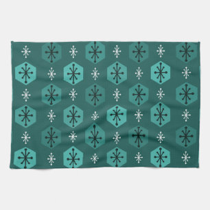 Retro Christmas Snowflakes Teal Tea Towel