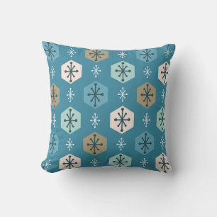 Retro Christmas Snowflakes Turquoise Gold Cushion