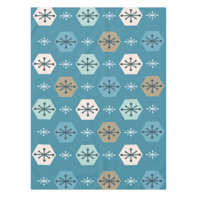 Retro Christmas Snowflakes Turquoise Gold Tablecloth (Front)