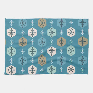 Retro Christmas Snowflakes Turquoise Gold Tea Towel