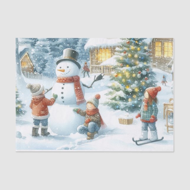 Retro Christmas Snowman and Kids  Tissue Paper (Front)