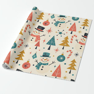 Retro Christmas Snowman Scandinavian Folk Art Wrapping Paper