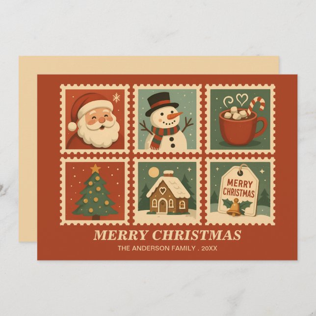Retro Christmas Stamp Collage Holiday Card (Front/Back)