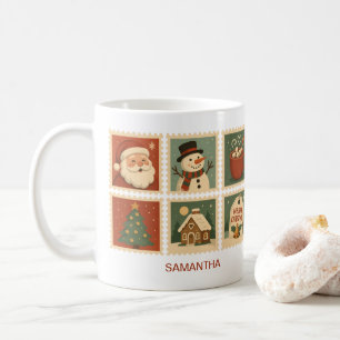 Retro Christmas Stamp Collage Personalised Coffee Mug