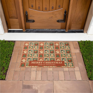 Retro Christmas Stamp Collage Personalized Doormat