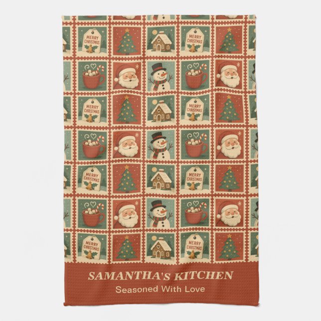 Retro Christmas Stamp Collage Tea Towel (Vertical)