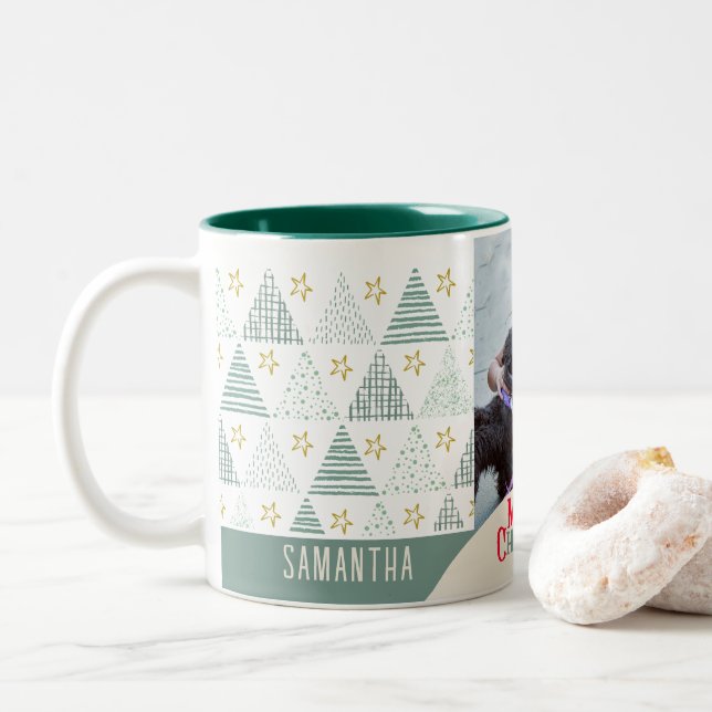 Retro Christmas Star Modern Abstract Unique Photo Two-Tone Coffee Mug (With Donut)