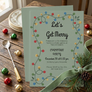 Retro Christmas String Lights Let's Get Merry Invitation