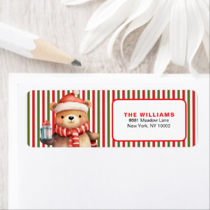 Retro Christmas Stripe Pattern & Teddy Bear Custom Return Address Label
