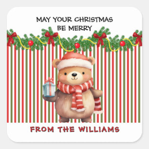 Retro Christmas Stripe Pattern & Teddy Bear Custom Square Sticker