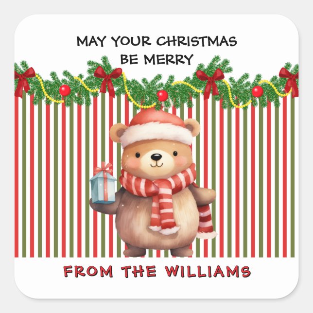 Retro Christmas Stripe Pattern & Teddy Bear Custom Square Sticker (Front)