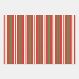 Retro Christmas Stripes in Olive Green, Red, Cream Wrapping Paper Sheet