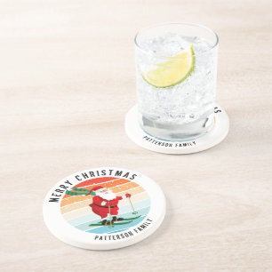 Retro Christmas Sunset Skiing Santa Personalised Coaster