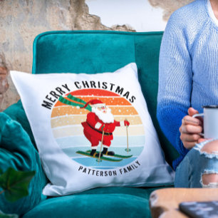 Retro Christmas Sunset Skiing Santa Personalised Cushion