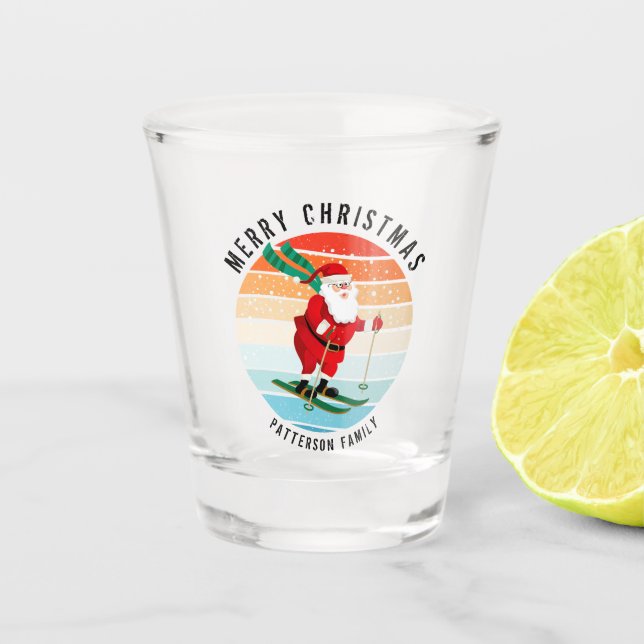 Retro Christmas Sunset Skiing Santa Personalised Shot Glass (Front)