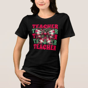 Retro Christmas Teacher Coquette Bow Tri-Blend Shirt
