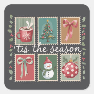 Retro Christmas Tis The Season Cozy Winter Santa Square Sticker