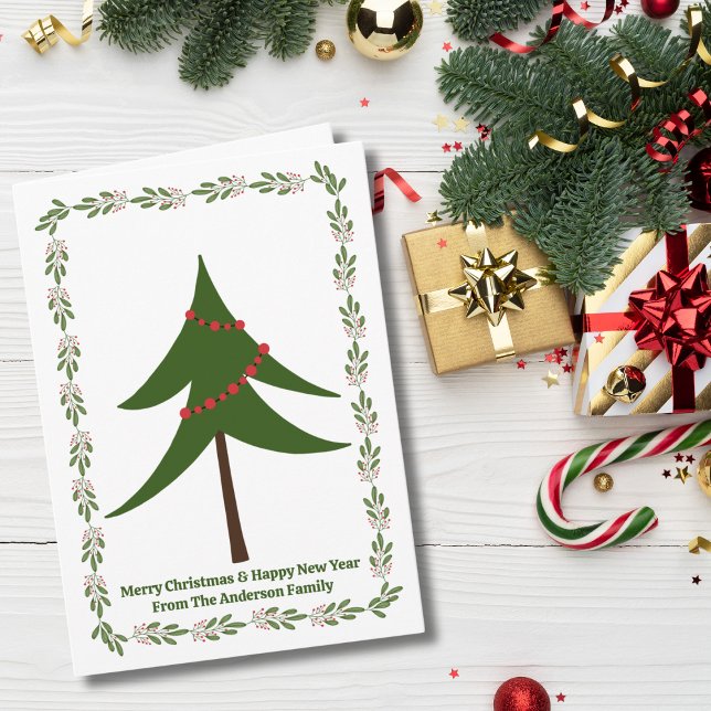 Retro Christmas Tree Berry Wreath 3 Photo Custom Card (Creator Uploaded)