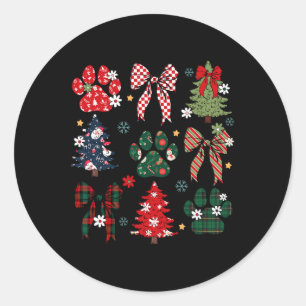 Retro Christmas Tree Coquette Bow Dog Paws Xmas Pa Classic Round Sticker