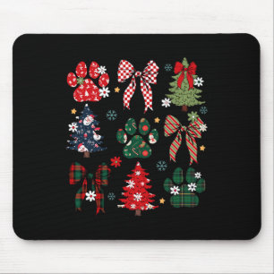 Retro Christmas Tree Coquette Bow Dog Paws Xmas Pa Mouse Pad