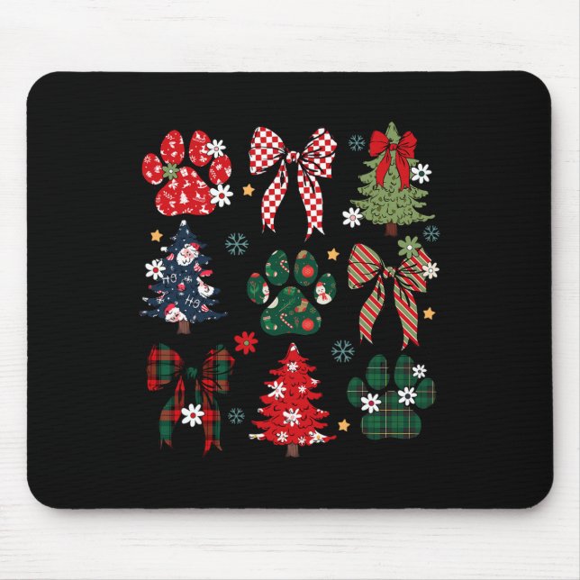 Retro Christmas Tree Coquette Bow Dog Paws Xmas Pa Mouse Pad (Front)