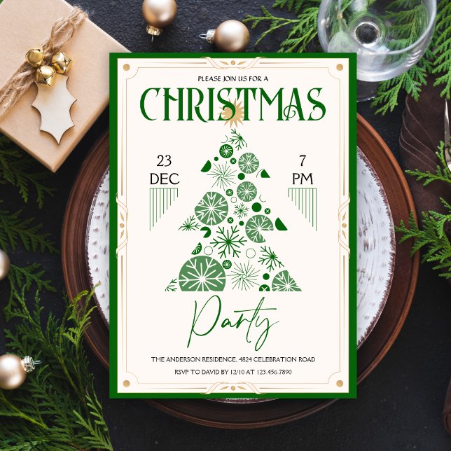 Retro Christmas Tree Elegant Green Christmas Party Invitation (Creator Uploaded)