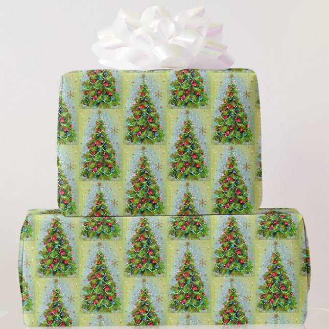 Retro Christmas Tree Green & Red  Wrapping Paper (Creator Uploaded)