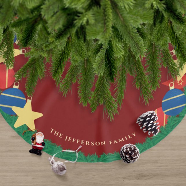 Retro Christmas tree ornaments dark red Brushed Polyester Tree Skirt (Retro Christmas tree skirt with vintage ornaments and your name or other text.)