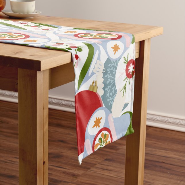 Retro Christmas Tree Ornaments Decorations red Long Table Runner (In Situ)