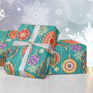 Retro Christmas Tree Ornaments on Aqua Gift  Wrapping Paper
