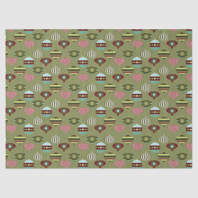 Retro Christmas Tree Ornaments on Green Decoupage Tissue Paper (Front)