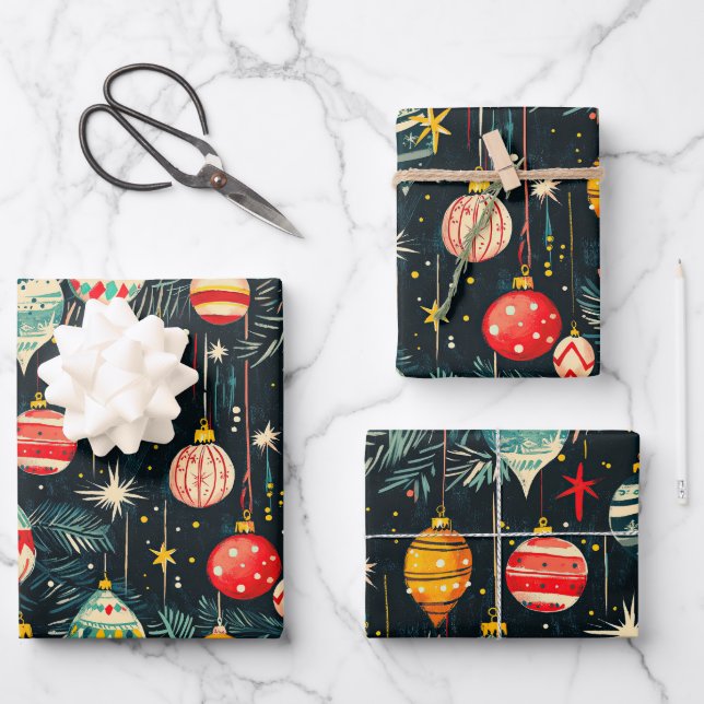 Retro Christmas Tree Ornaments Wrapping Paper Sheet (Front)