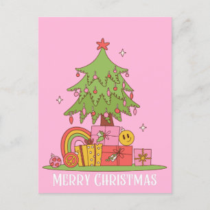 Retro Christmas Tree PInk Holiday Postcard