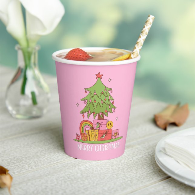 Retro Christmas Tree Pink Paper Cups (Insitu)