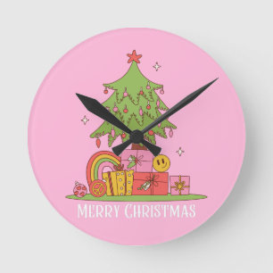 Retro Christmas Tree Pink Round Clock