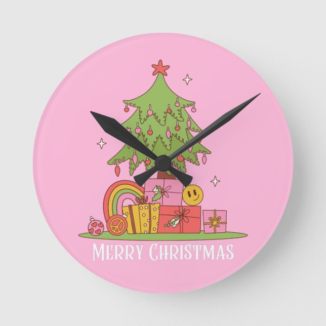 Retro Christmas Tree Pink Round Clock (Front)
