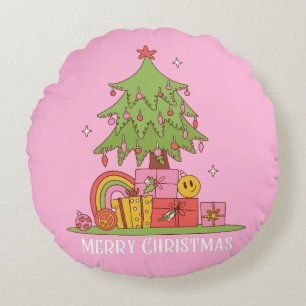 Retro Christmas Tree Pink Round Cushion