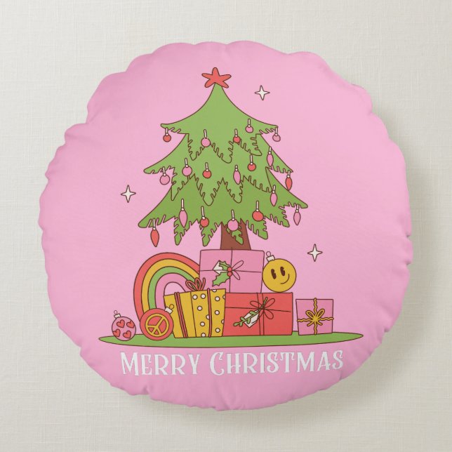 Retro Christmas Tree Pink Round Cushion (Front)