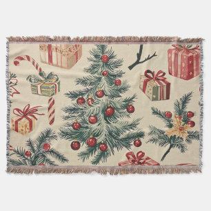 Retro Christmas Tree Red Green Cream Holiday Throw Blanket