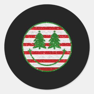 Retro Christmas Tree Smile Face Xmas Womens Teens Classic Round Sticker