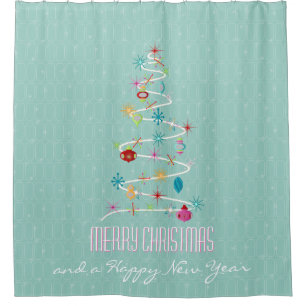 Retro Christmas Tree Teal Christmas Shower Curtain