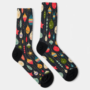 Retro Christmas tree toys on black Socks
