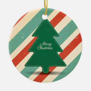 Retro Christmas Tree with Striped Background Ceramic Ornament