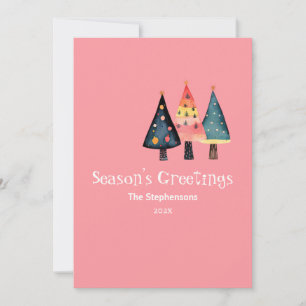 Retro Christmas Trees Cute Pink Flat Holiday Card